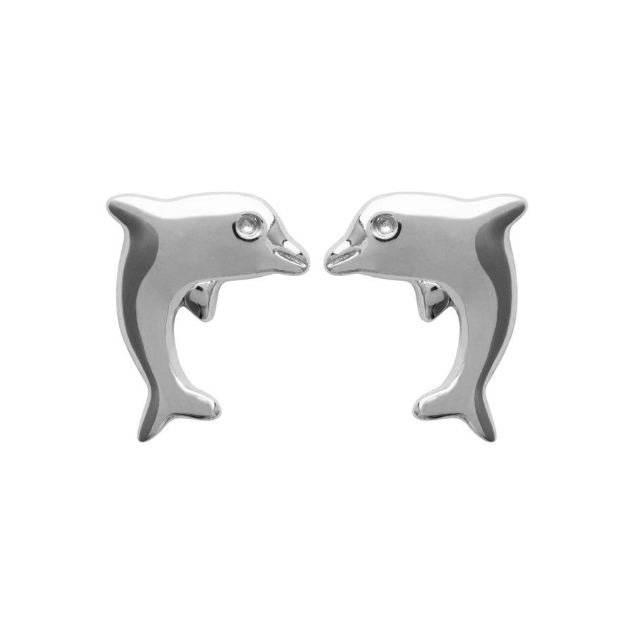Boucles d’oreilles puces dauphin dressé enfant en argent 925 rhodié, vue de face
