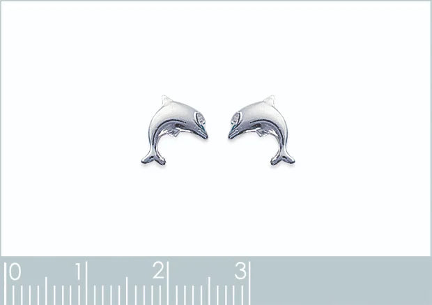 Boucles d’oreilles puces dauphin dressé enfant en argent 925 rhodié, vue de face