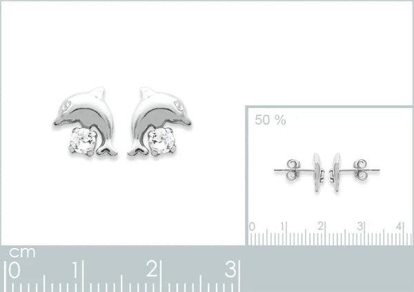 Boucles d’oreilles puces dauphin et cristal blanc enfant en argent 925