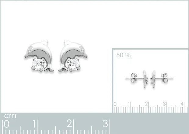Boucles d’oreilles puces dauphin et cristal blanc enfant en argent 925, vue de face