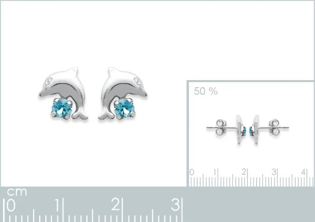 Boucles d’oreilles puces dauphin et cristal bleu enfant en argent 925