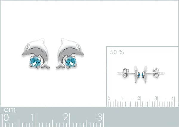 Boucles d’oreilles puces dauphin et cristal bleu enfant en argent 925