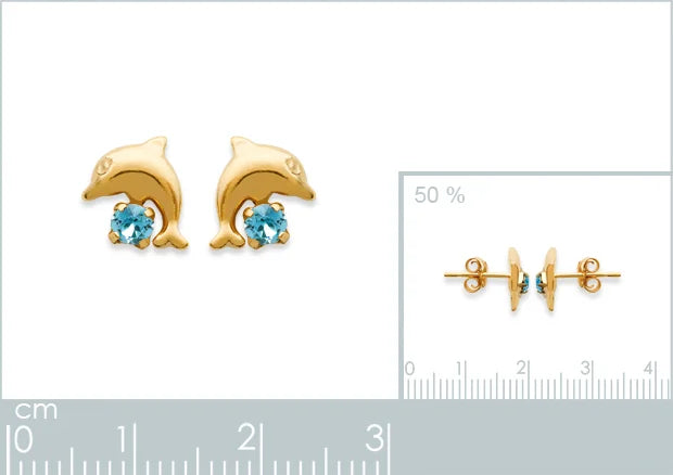 Boucles d’oreilles puces dauphin et cristal bleu enfant en plaqué or