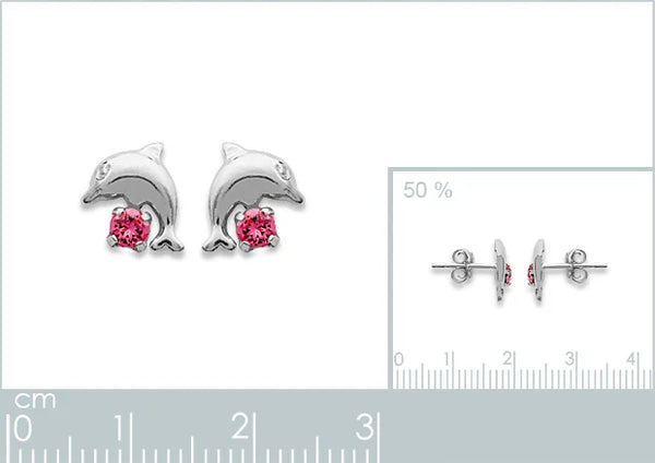 Boucles d’oreilles puces dauphin et cristal rose enfant en argent 925
