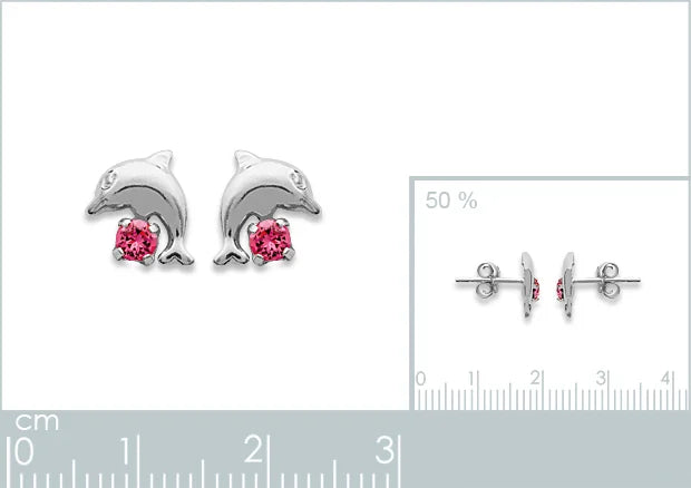 Boucles d’oreilles puces dauphin et cristal rose enfant en argent 925
