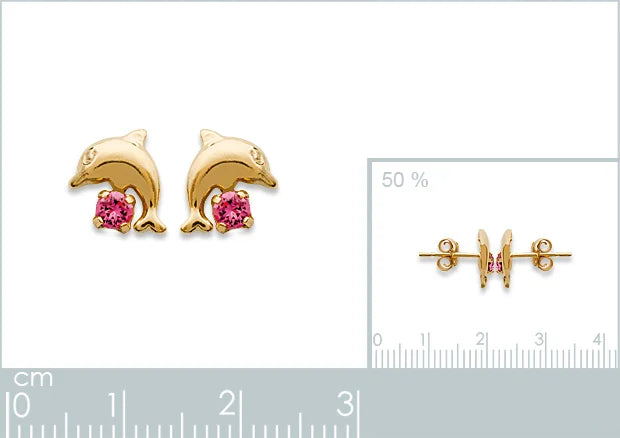 Boucles d’oreilles puces dauphin et cristal rose enfant en plaqué or