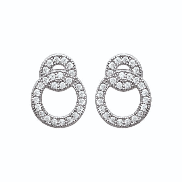 Boucles d’oreilles puces deux cercles pavés de zircons en argent 925, vue de face