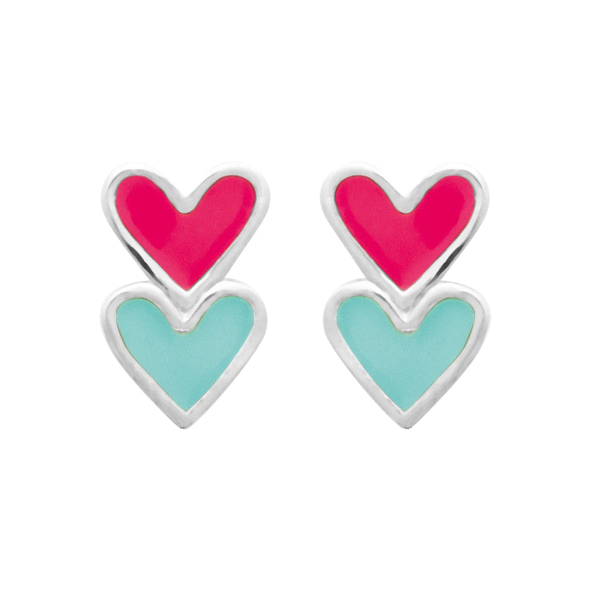 Boucles d’oreilles puces deux cœurs rose et bleu enfant en argent 925 rhodié