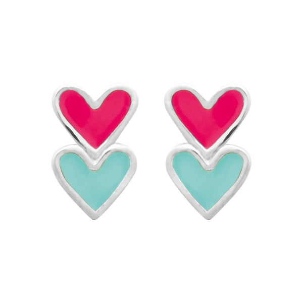 Boucles d’oreilles puces deux cœurs rose et bleu enfant en argent 925 rhodié