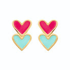 Boucles d’oreilles puces deux cœurs rose et bleu enfant en plaqué or