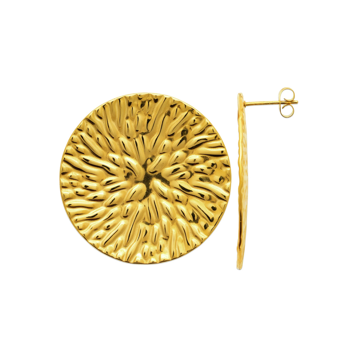 Boucles d’oreilles puces disque bombé ciselé en acier PVD doré