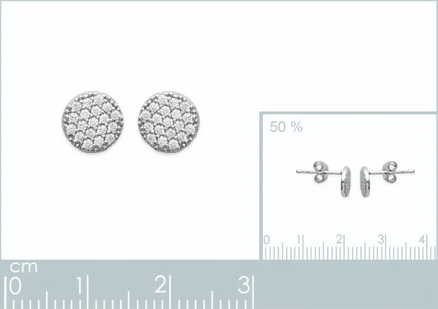 Boucles d’oreilles puces disque pavé de zircons en argent 925, planche avec vue à taille réelle et réglet