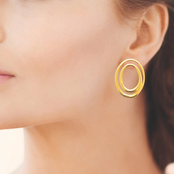 Boucles d’oreilles puces double ovale ajouré en acier PVD doré, autre vue