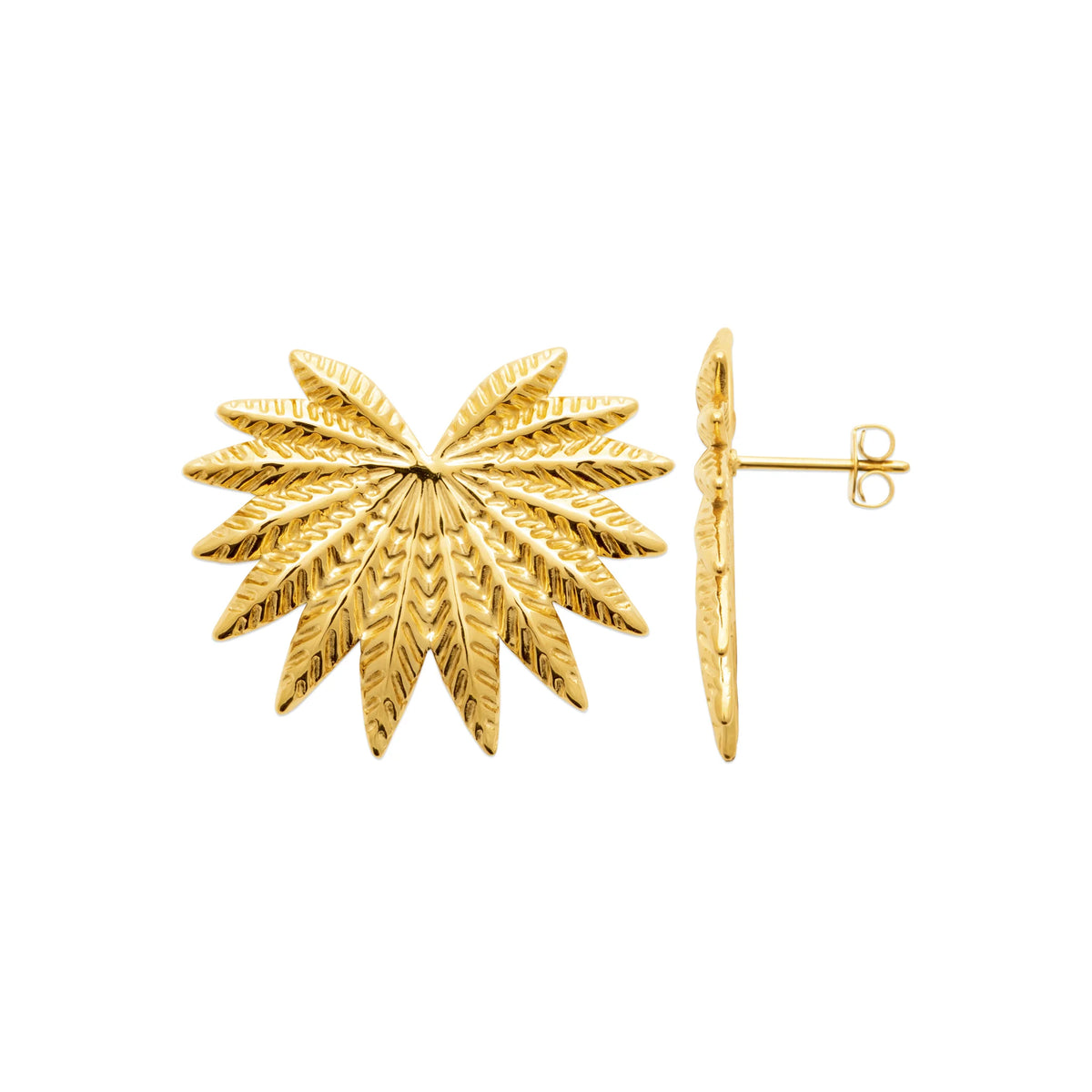Boucles d’oreilles puces éventail de feuilles striées en acier PVD doré
