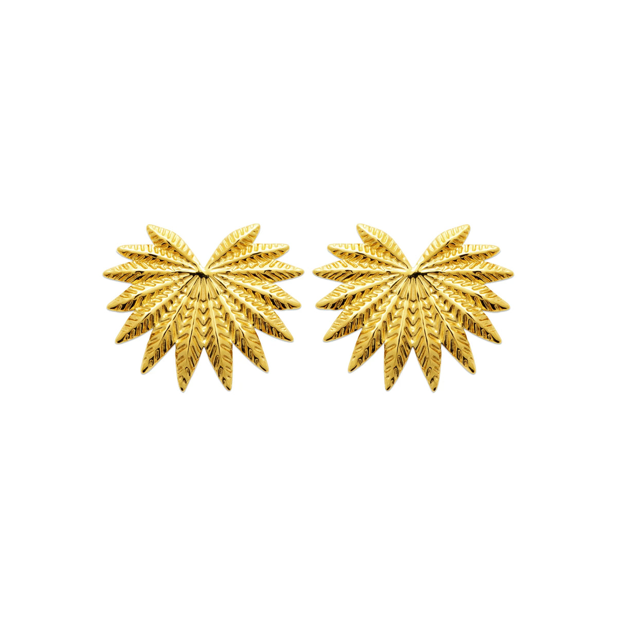 Boucles d’oreilles puces éventail de feuilles striées en acier PVD doré