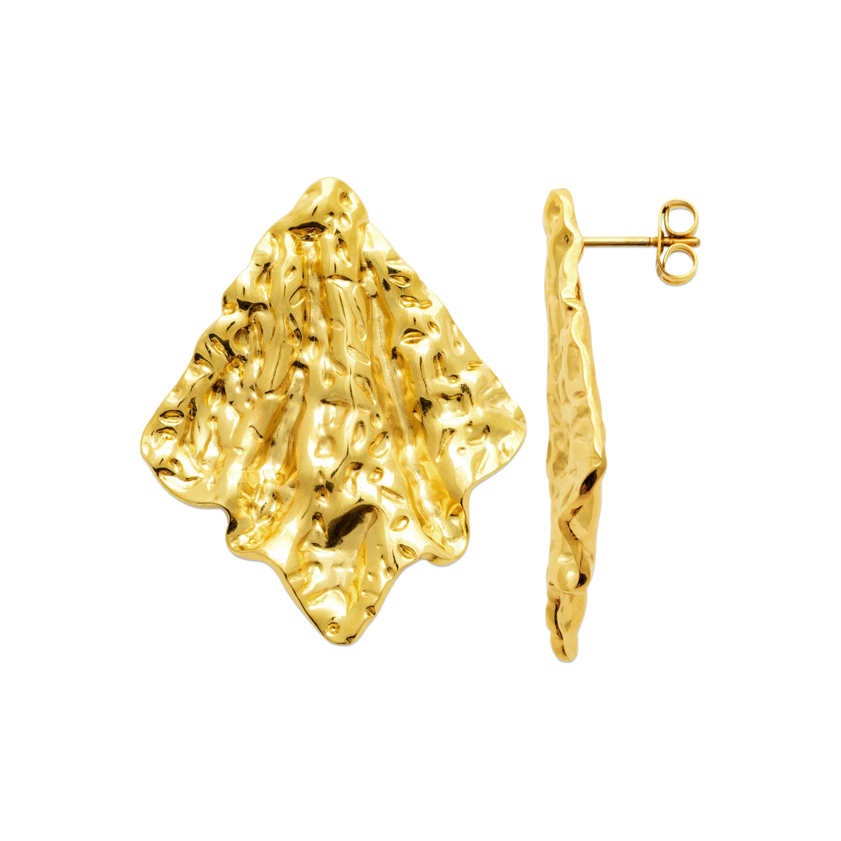 Boucles d’oreilles puces éventail froissé en acier PVD doré