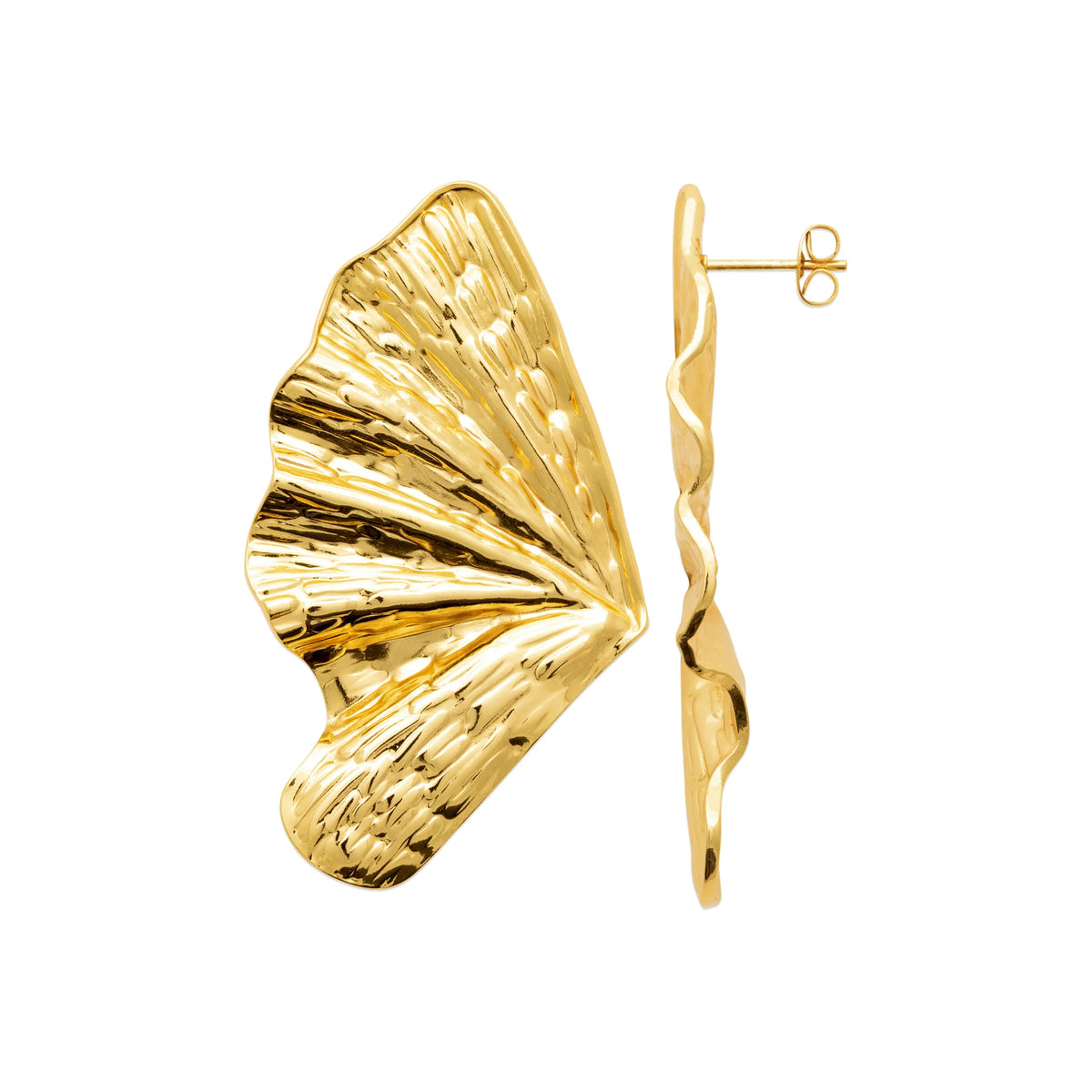 Boucles d’oreilles puces éventail plissé texturé en acier PVD doré