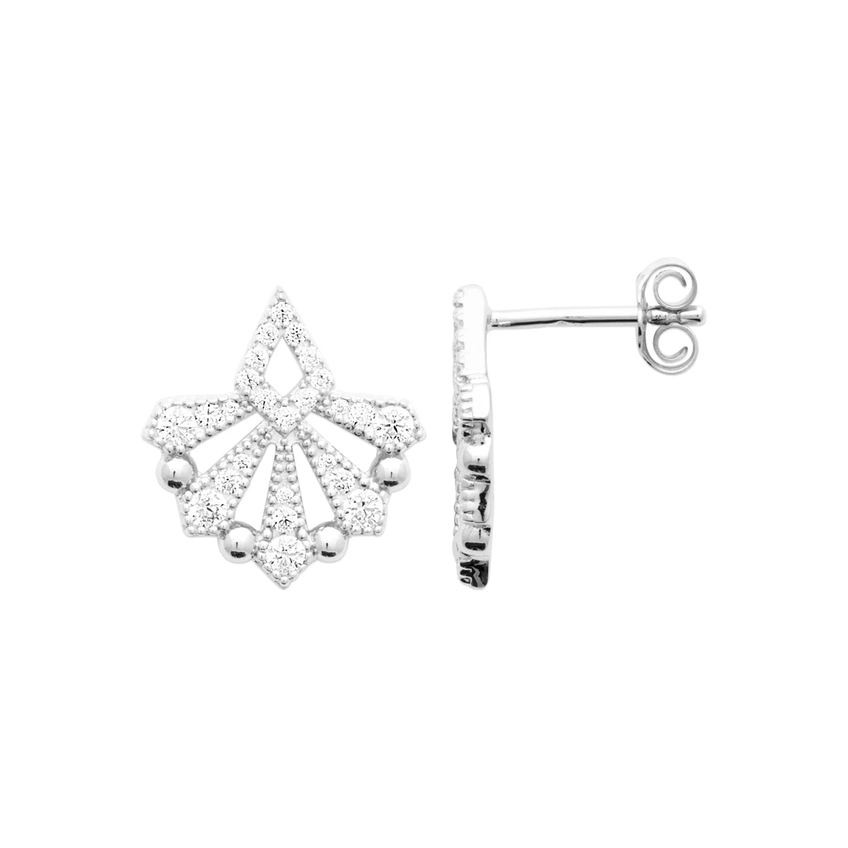 Boucles d’oreilles puces éventail serti de zircons en argent 925 rhodié