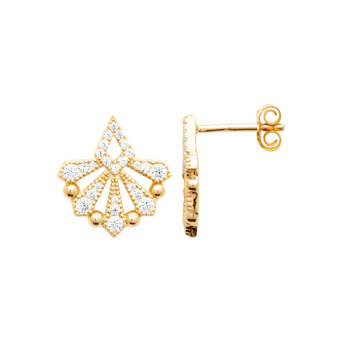 Boucles d’oreilles puces éventail serti de zircons en plaqué or