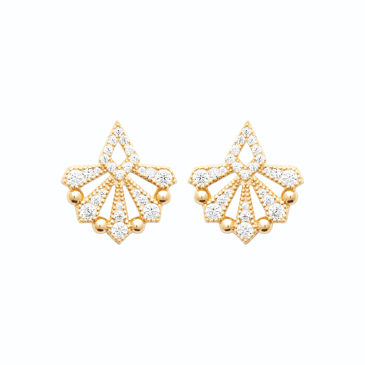 Boucles d’oreilles puces éventail serti de zircons en plaqué or