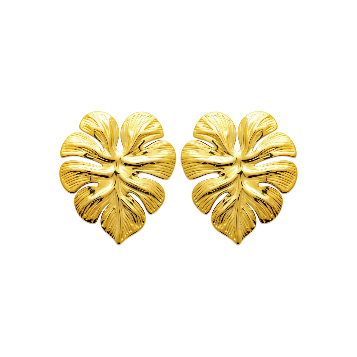 Boucles d’oreilles puces feuille de monstera bombée en acier PVD doré