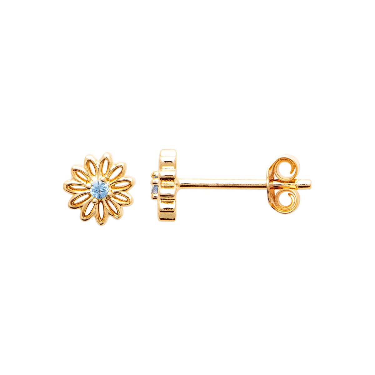 Boucles d’oreilles puces fleur ajourée et pierre bleu ciel en plaqué or