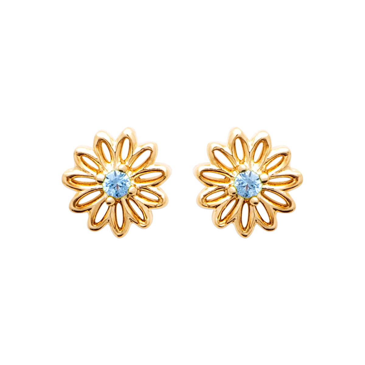 Boucles d’oreilles puces fleur ajourée et pierre bleu ciel en plaqué or