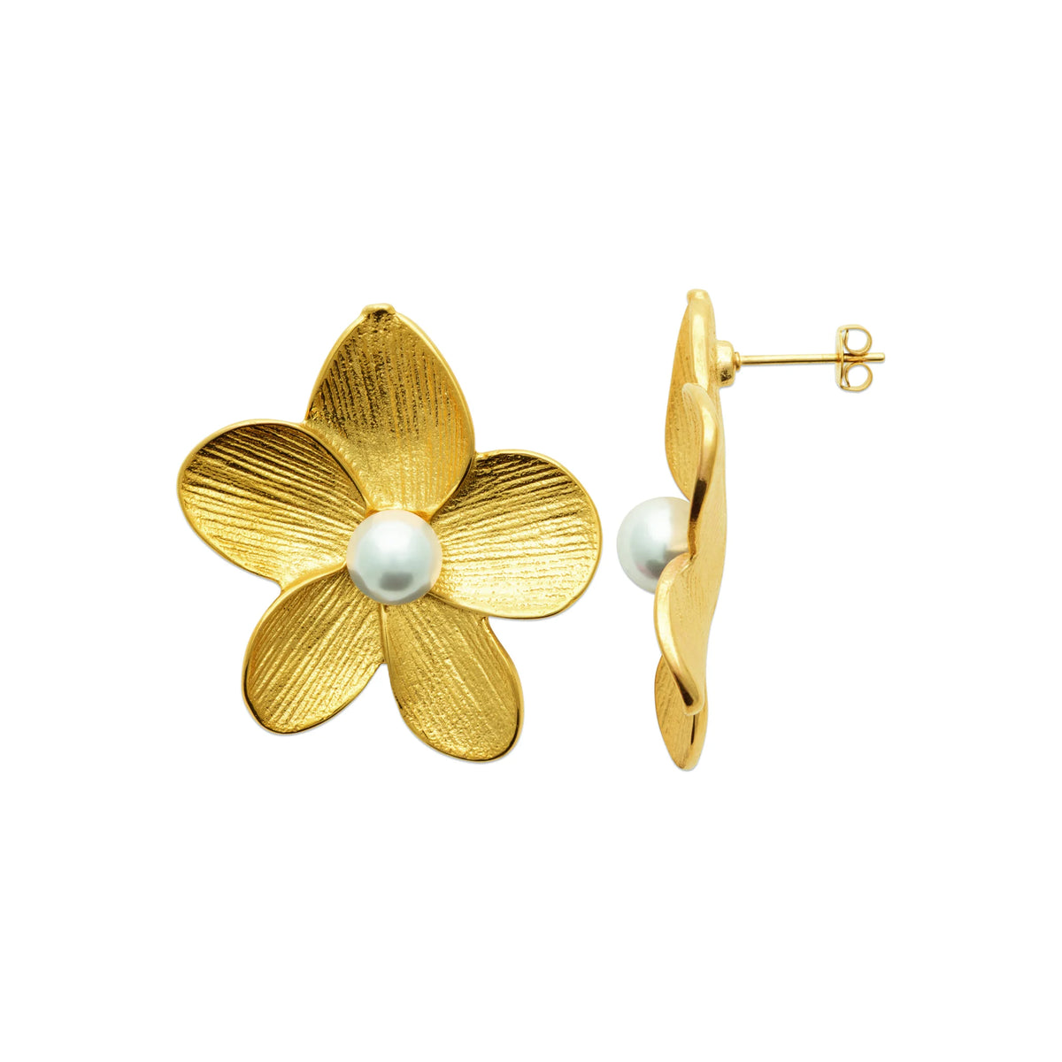 Boucles d’oreilles puces fleur de frangipanier et perle en acier PVD doré