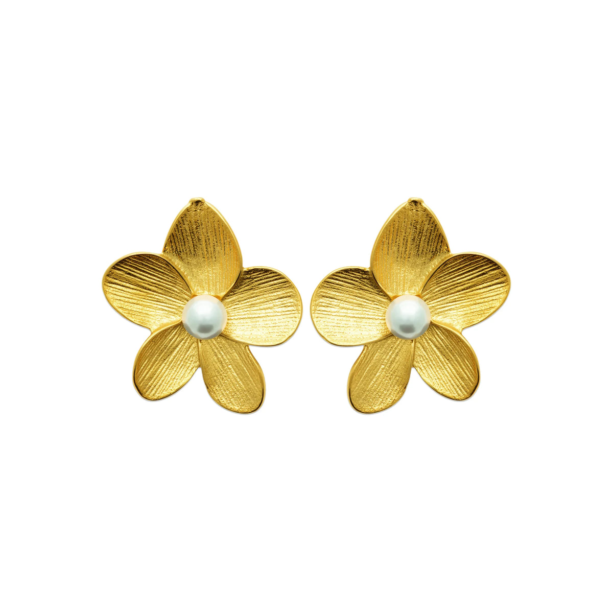 Boucles d’oreilles puces fleur de frangipanier et perle en acier PVD doré