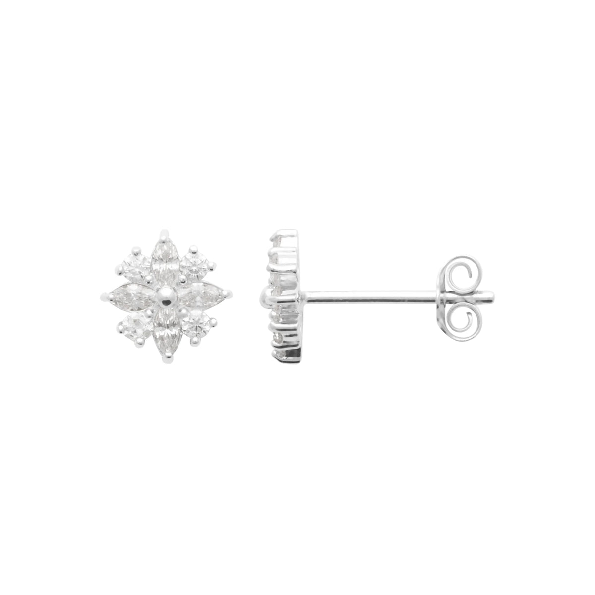 Boucles d’oreilles puces fleur de navettes en argent 925 et zircons