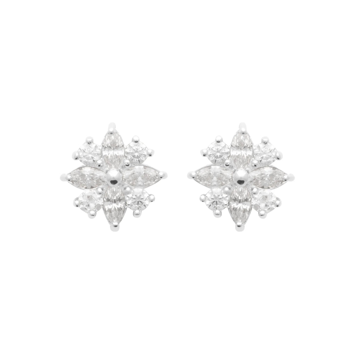 Boucles d’oreilles puces fleur de navettes en argent 925 et zircons