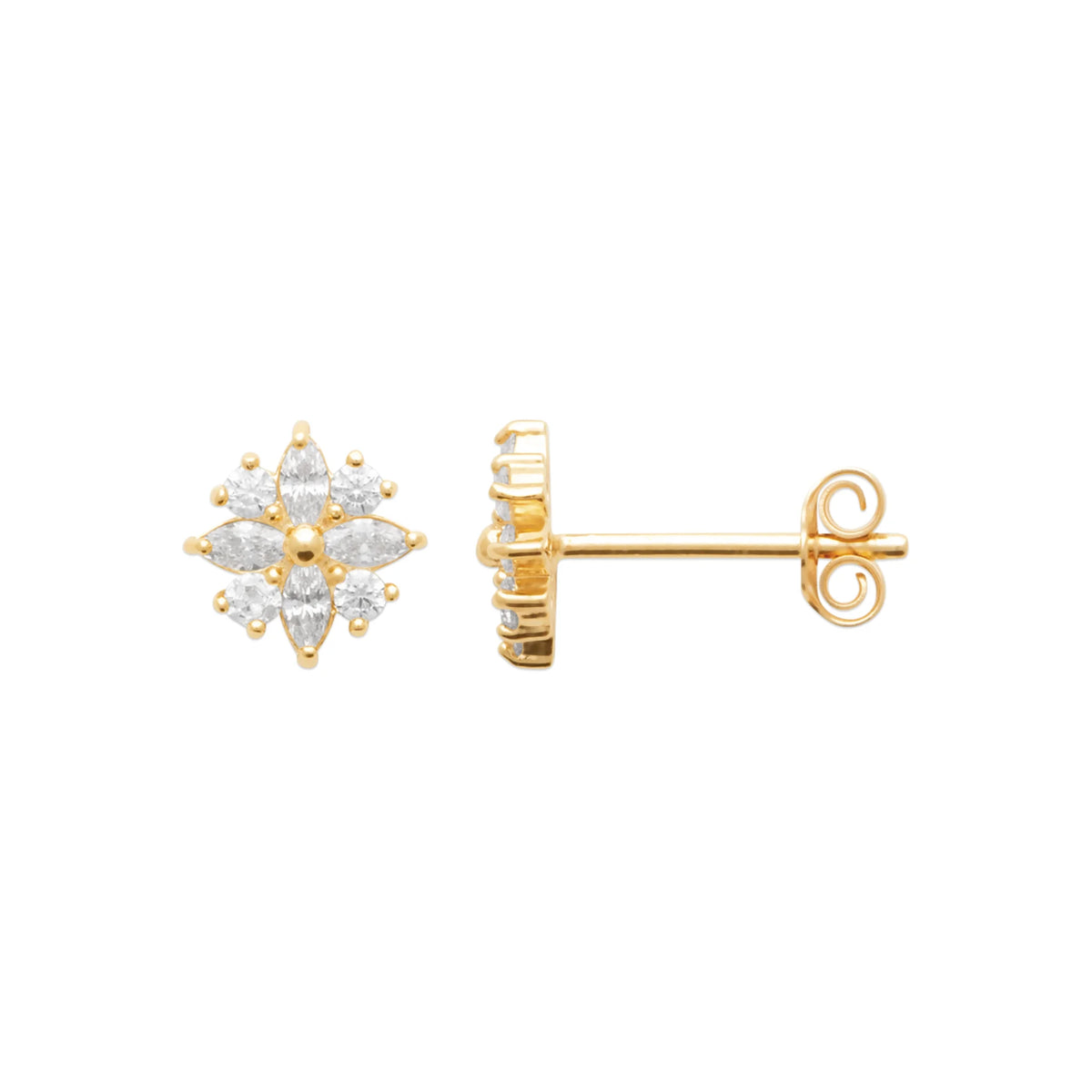 Boucles d’oreilles puces fleur de navettes en plaqué or et zircons