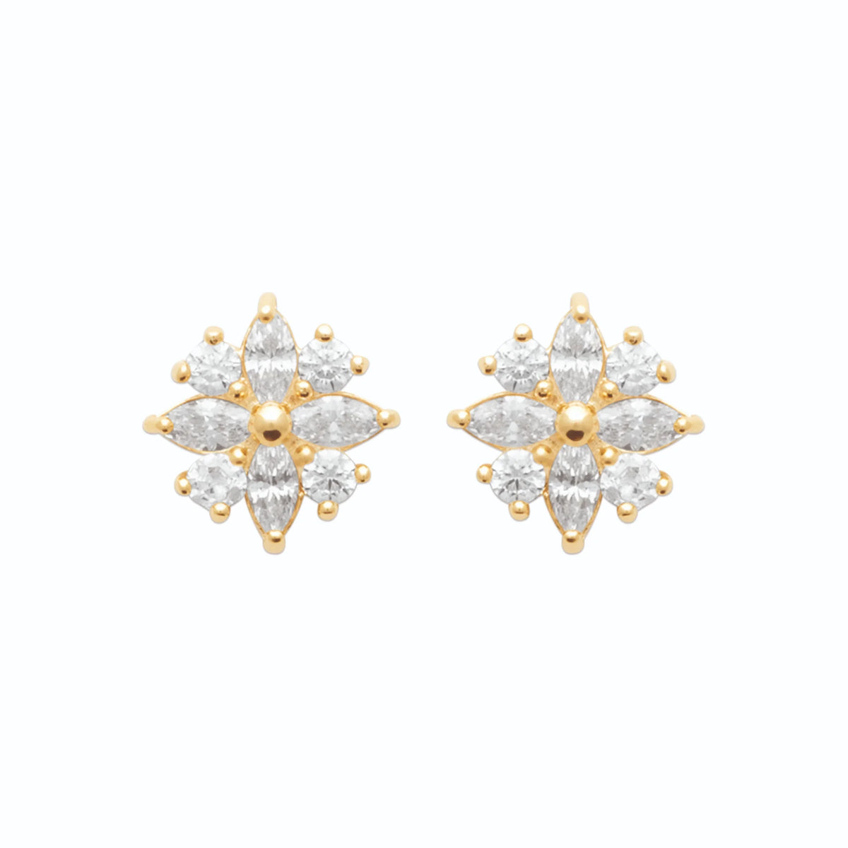 Boucles d’oreilles puces fleur de navettes en plaqué or et zircons