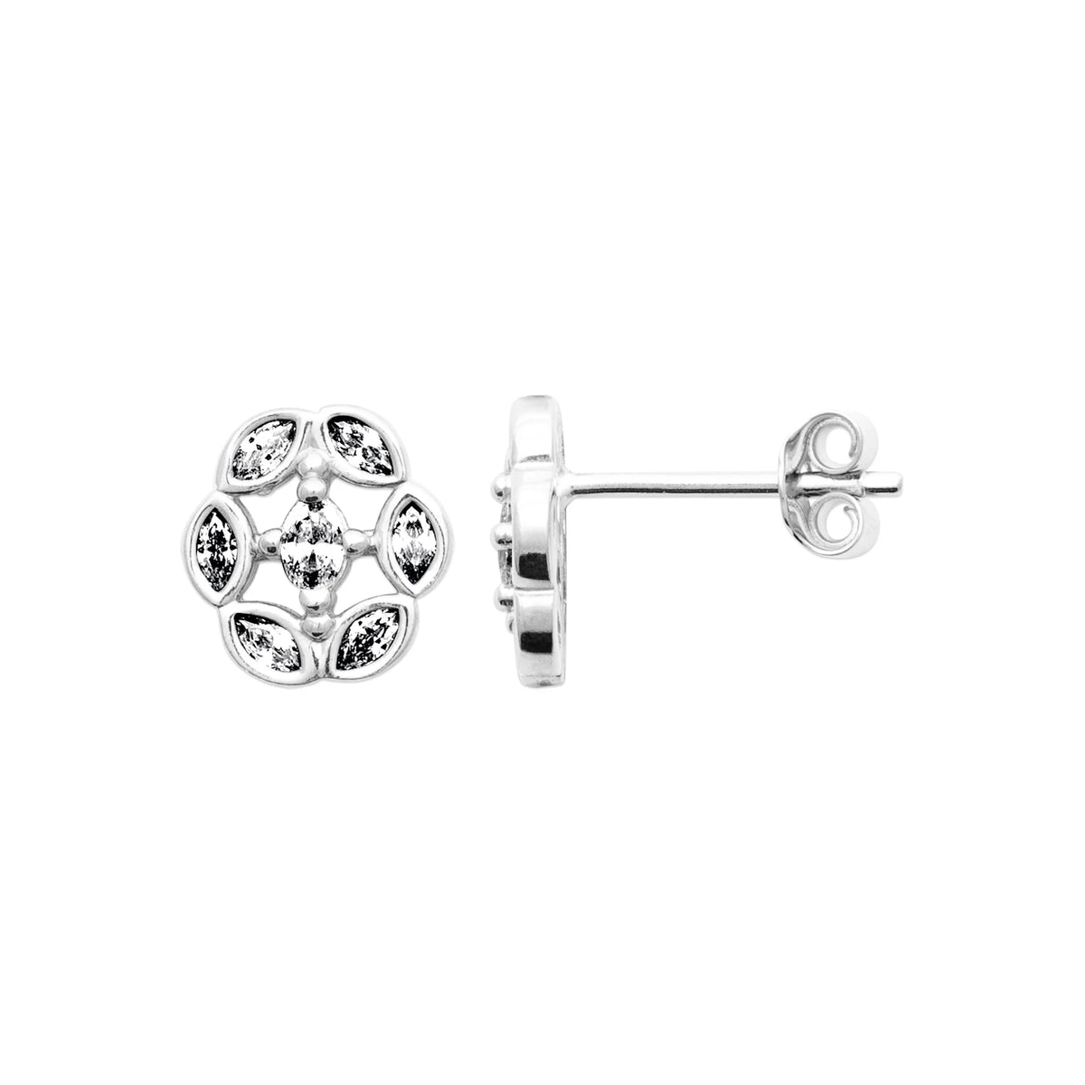 Boucles d’oreilles puces fleur de navettes et zircon central en argent 925 rhodié