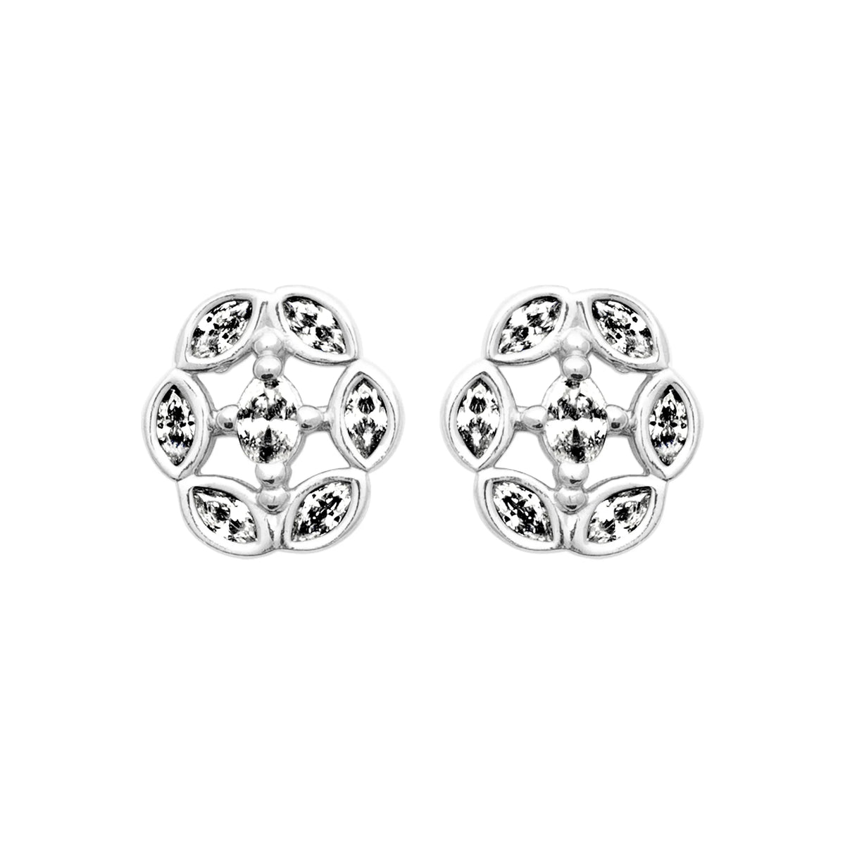 Boucles d’oreilles puces fleur de navettes et zircon central en argent 925 rhodié