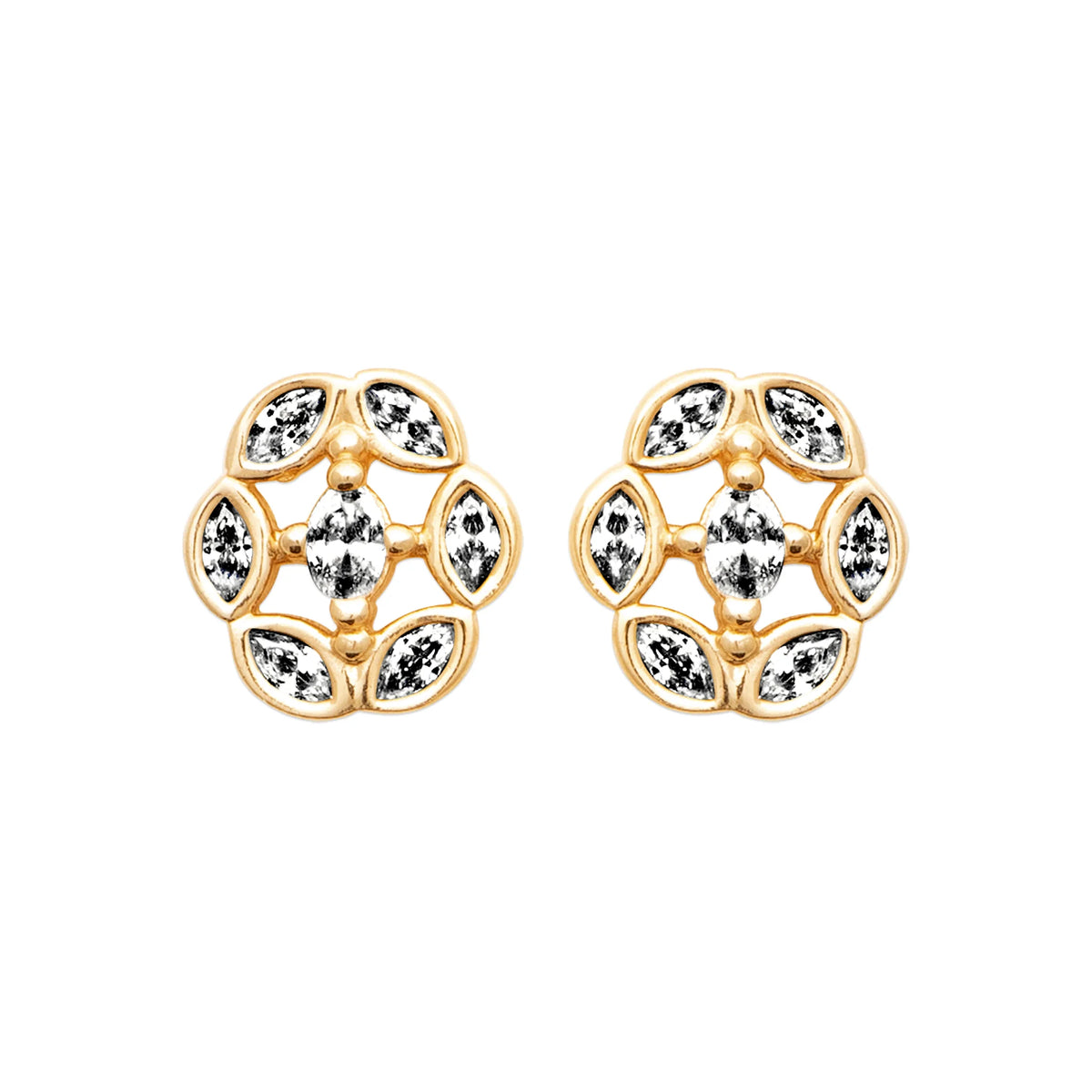 Boucles d’oreilles puces fleur de navettes et zircon central en plaqué or
