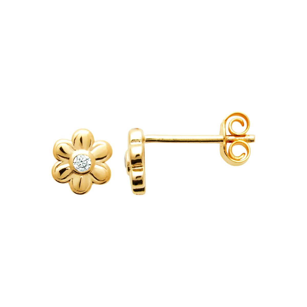 Boucles d’oreilles puces fleur pétales arrondis et zircon en plaqué or