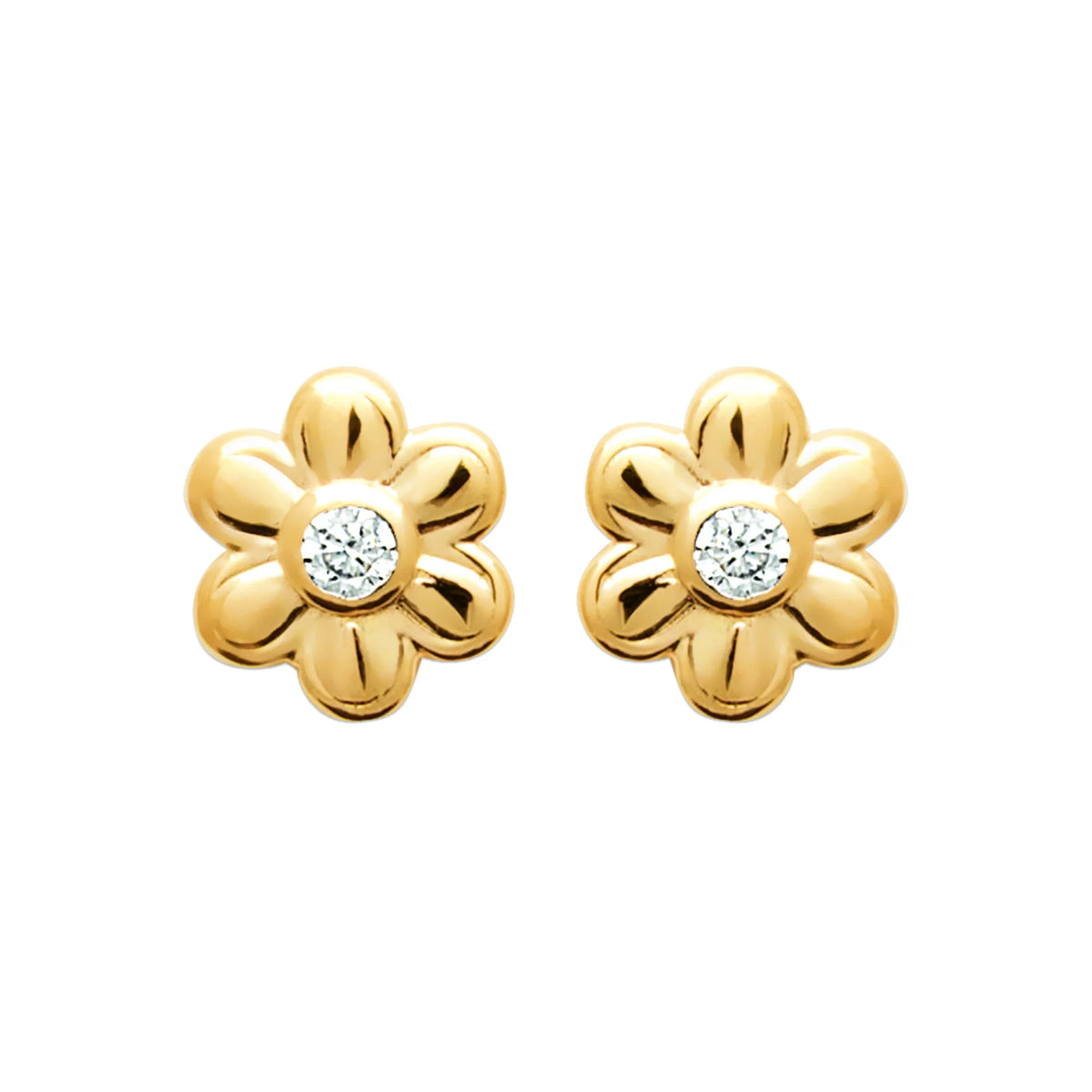 Boucles d’oreilles puces fleur pétales arrondis et zircon en plaqué or