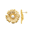 Boucles d’oreilles puces fleur de pétales striés et perle en acier PVD doré