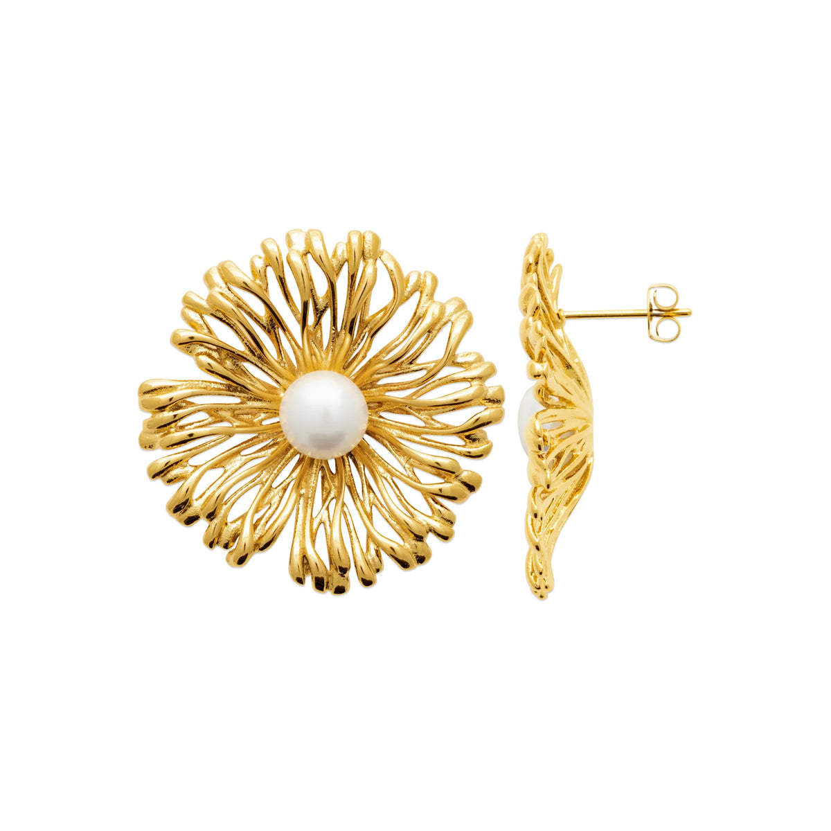 Boucles d’oreilles puces fleur de pétales striés et perle en acier PVD doré