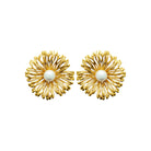 Boucles d’oreilles puces fleur de pétales striés et perle en acier PVD doré
