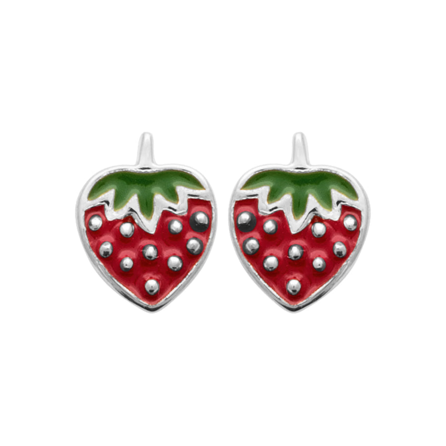 Boucles d’oreilles puces fraise enfant en argent 925 rhodié, vue de face