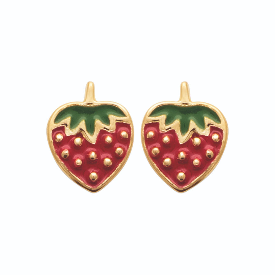Boucles d’oreilles puces fraise enfant en plaqué or, vue de face