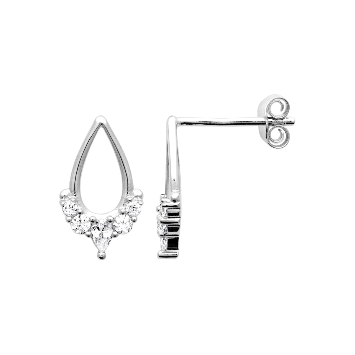 Boucles d’oreilles puces goutte ajourée bordée de zircons en argent 925 rhodié