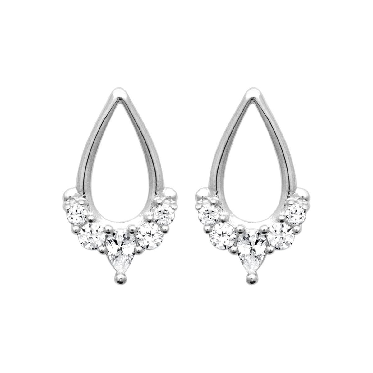 Boucles d’oreilles puces goutte ajourée bordée de zircons en argent 925 rhodié