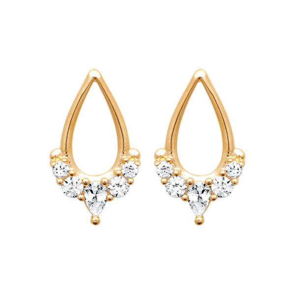 Boucles d’oreilles puces goutte ajourée bordée de zircons en plaqué or