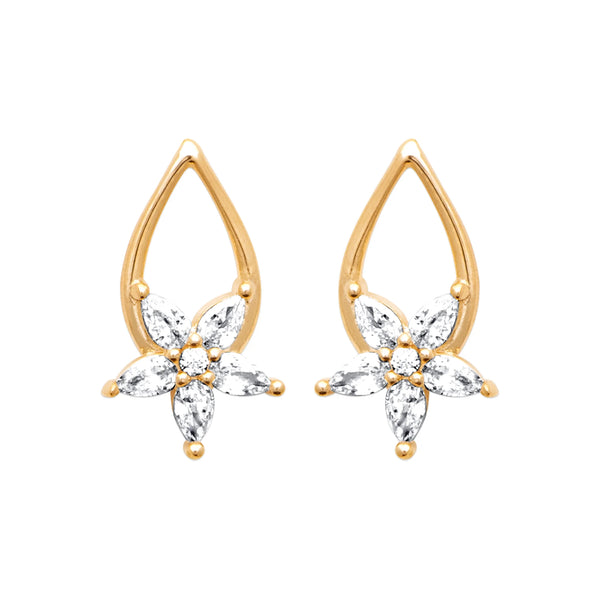 Boucles d’oreilles puces goutte ajourée et fleur de navettes en plaqué or