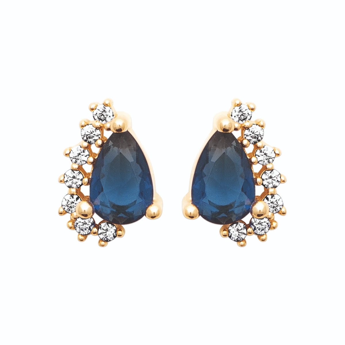 Boucles d’oreilles puces goutte bleu nuit et zircons en plaqué or
