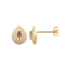 Boucles d’oreilles puces goutte double halo et pierre rose en plaqué or