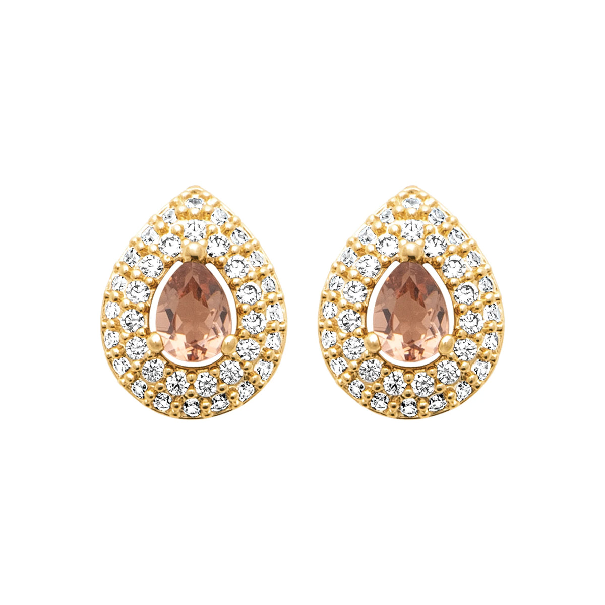 Boucles d’oreilles puces goutte double halo et pierre rose en plaqué or